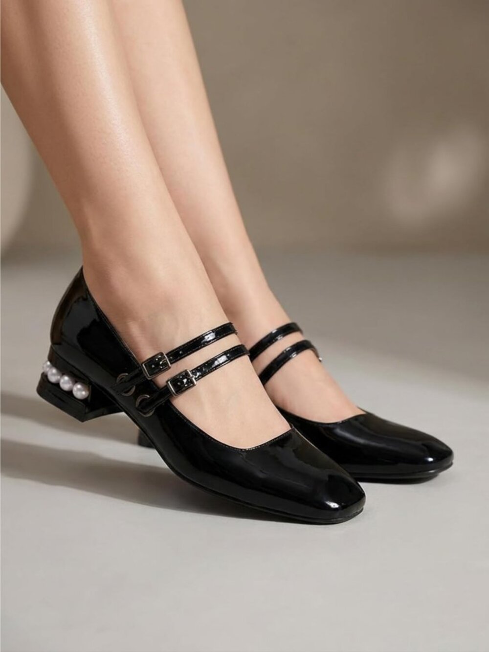 Women's Pearl Black Mary Jane Low Pearl Heels Square Toe Pumps Ballet Shoes - Picture 3 of 6